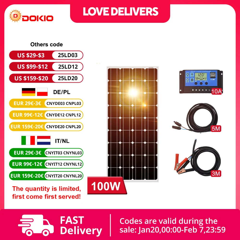 

Dokio 18V 100W 200W 400W Rigid Waterproof Solar Panel Set Controller For Home Charge 12V Car Battery Monocrystalline China