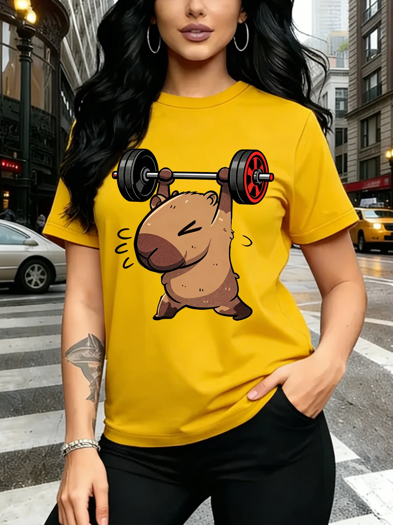 Cute Gym Capybara Lifting Barbell Weight Training Kawaii Art Print Graphic Ladies T Shirt Short Sleeve Crew Neck Casual Tee Tops