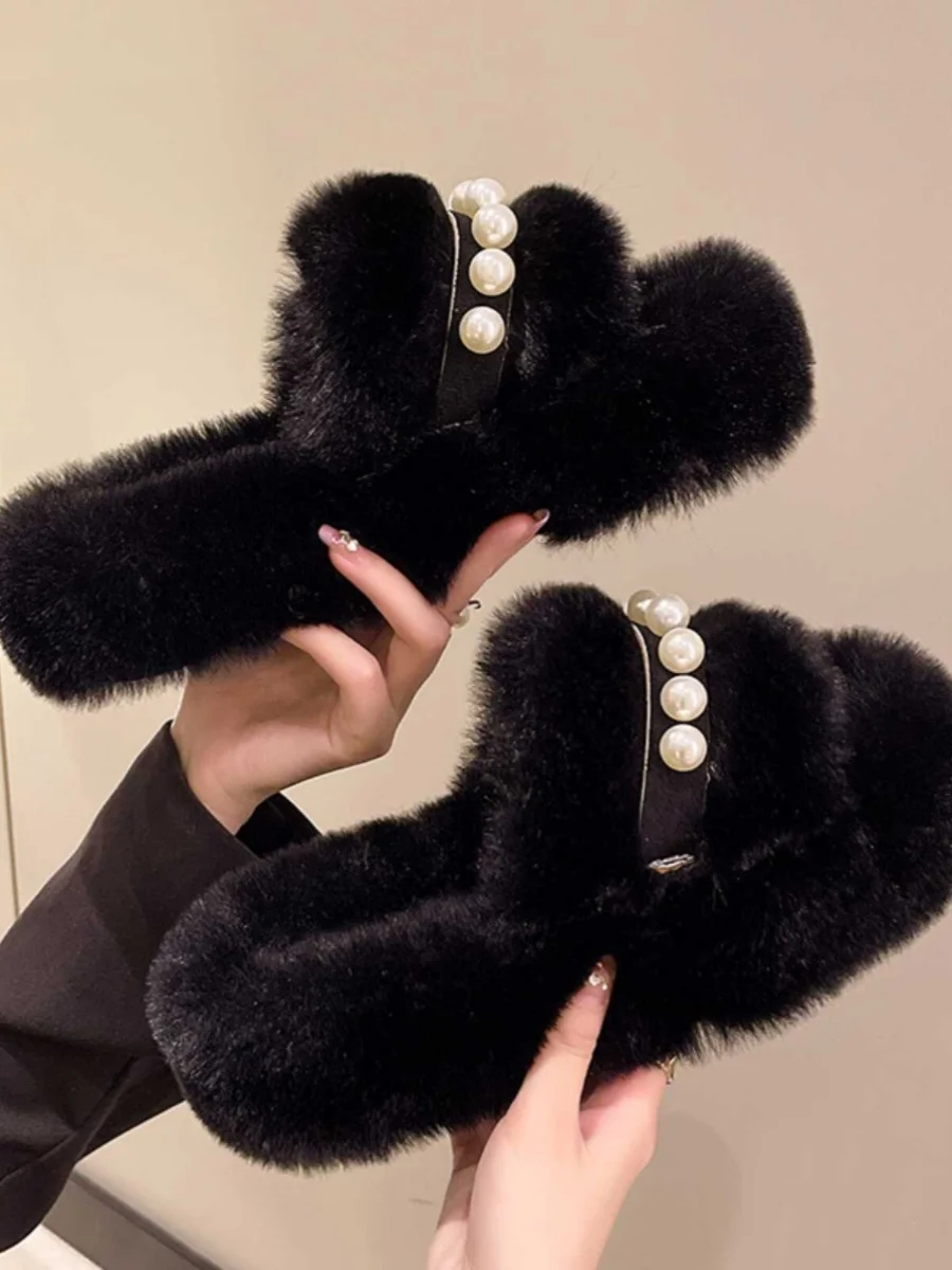 INS Trendy Women Furry Slippers Home Outer Wear 2024 New Spring and Autumn Fashion Beaded Thick Bottom Cotton Slippers