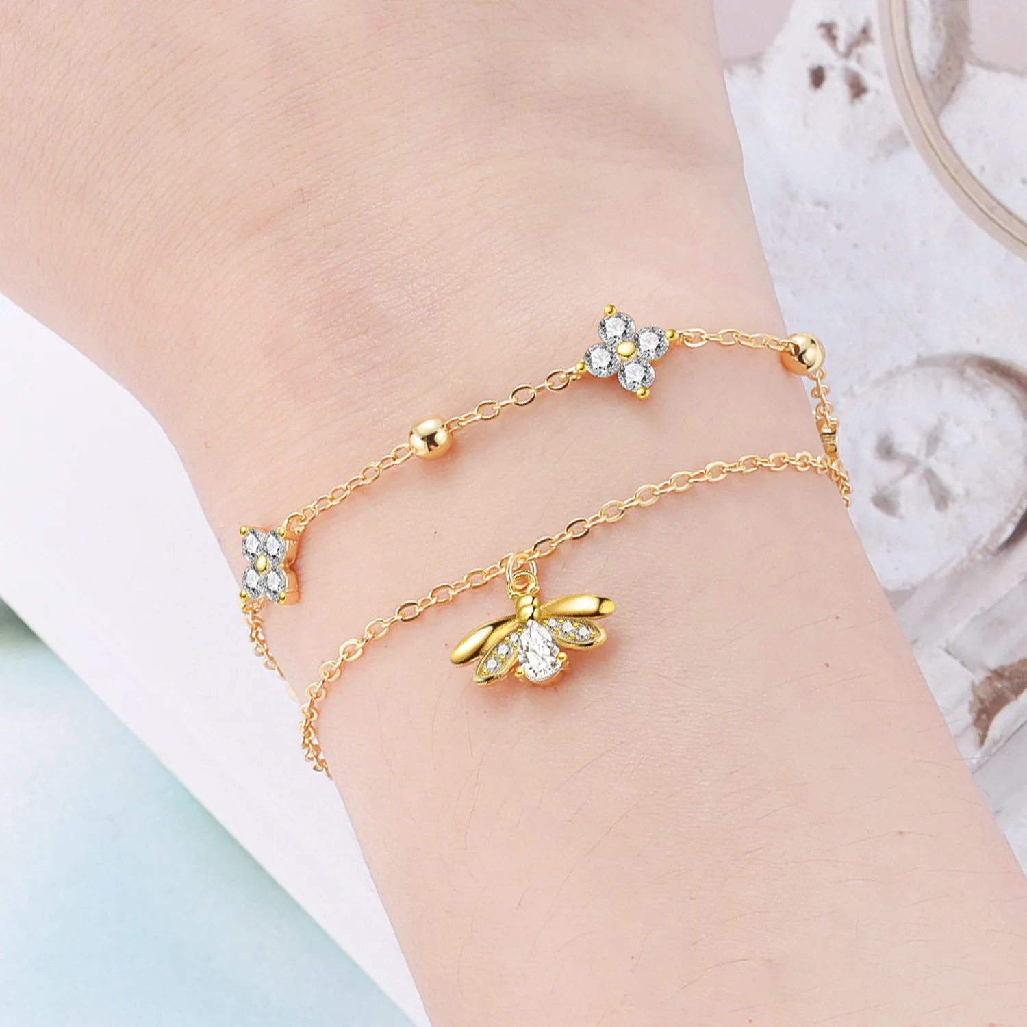 PANPOKI S925 Sterling Silver Double Layered Firefly Bracelet Chain Link Women Bracelet Jewelry Party Trendy Anniversary Gifts