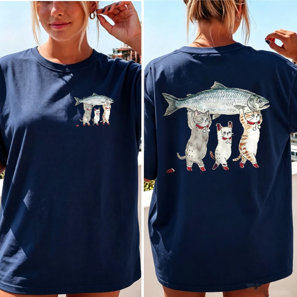 Women Front Back Double Sided Three Cats Lifting Big Salmon Watercolor T Shirt Kitten Fishing Cartoon Cotton Cat Fish Lover Tops