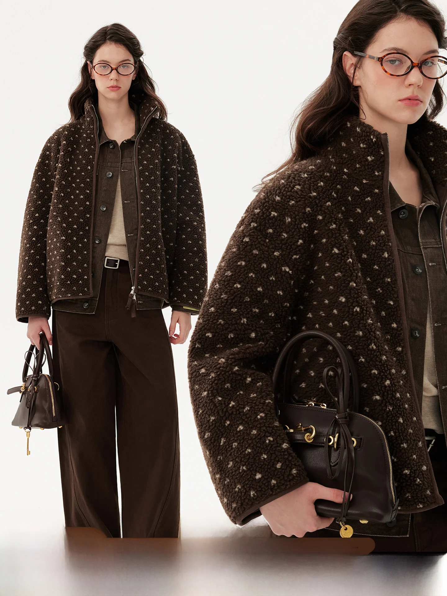 

Retro ell Embroidery Polka Dot Design Double Zipper Stand Collar Thiened Lamb Fur Jaet Winter Women's Cotton Coat