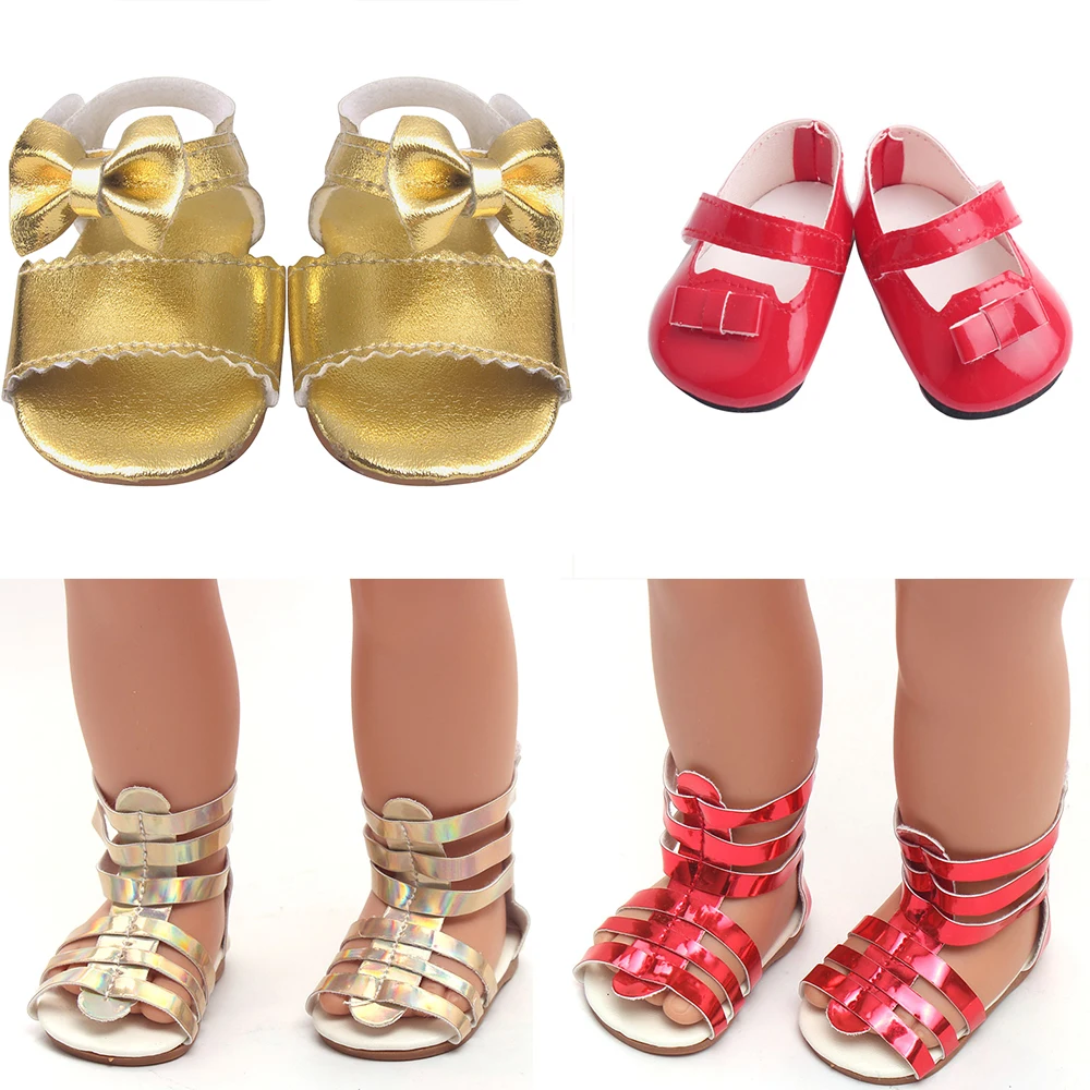 18 Inch Doll Girl 43cm Doll Fashion Sandals Small Leather Shoes Doll Summer Versatile Gold and Red Shoes Doll Accessories