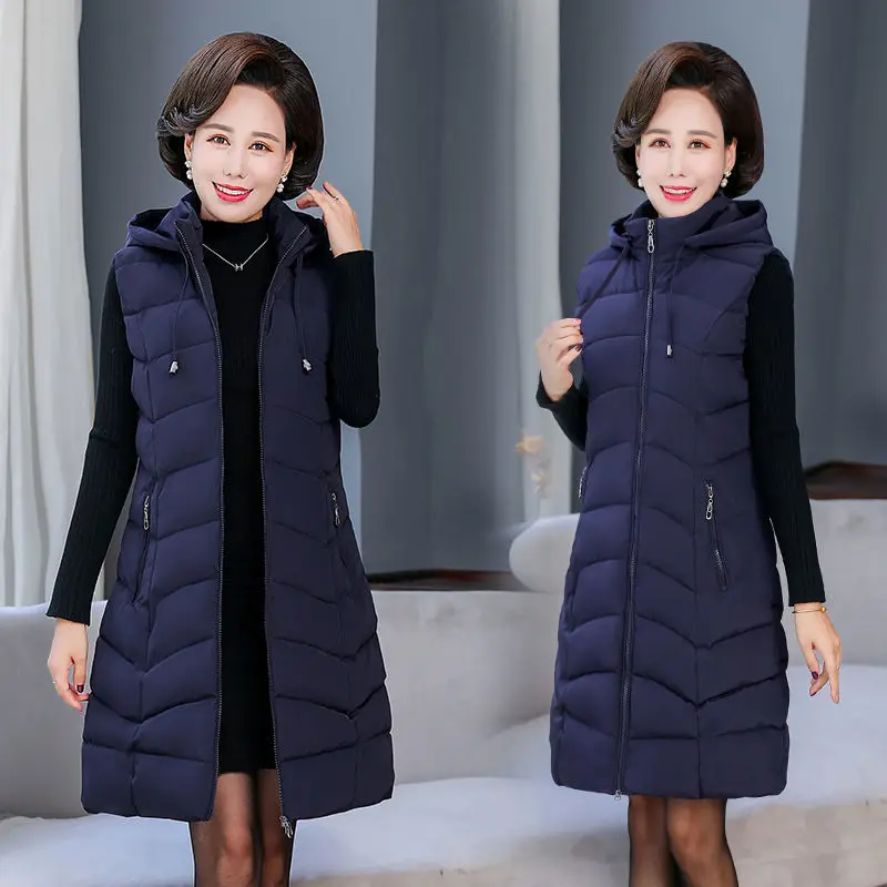 Middle-aged Mother Winter Down Cotton Vest Jacket Thick Parka Hooded Women Sleeveless Long Coat Plus Size 6XL Casual Waistcoat