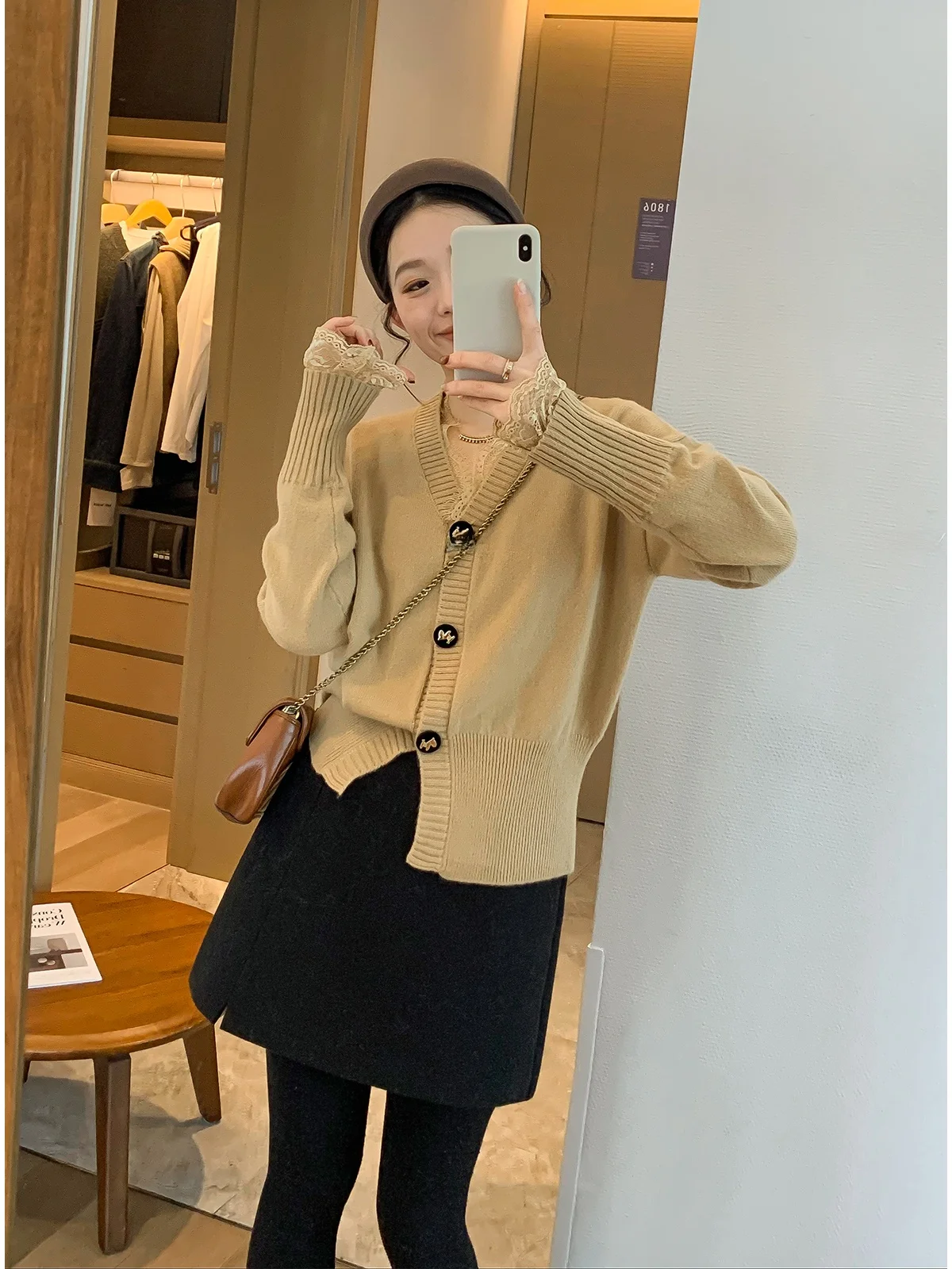 

Love Devil Fi Lace Splice V-ne Knitted Open Cardigan Women's Faionable All-match Winter New Sle Long Sve Top