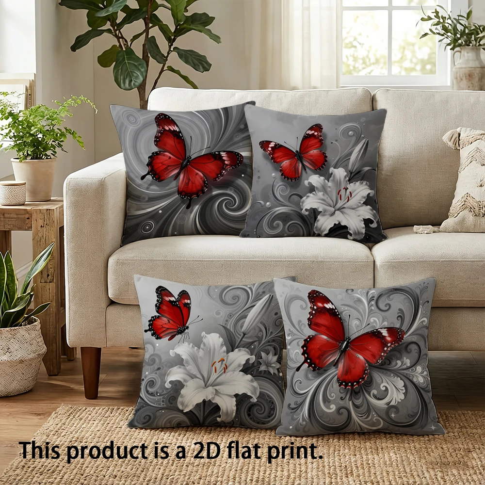 1/4pcs Gray Pillowcases With Red Butterflies And Lilies Sofa cushion cover home bedroom room decoration