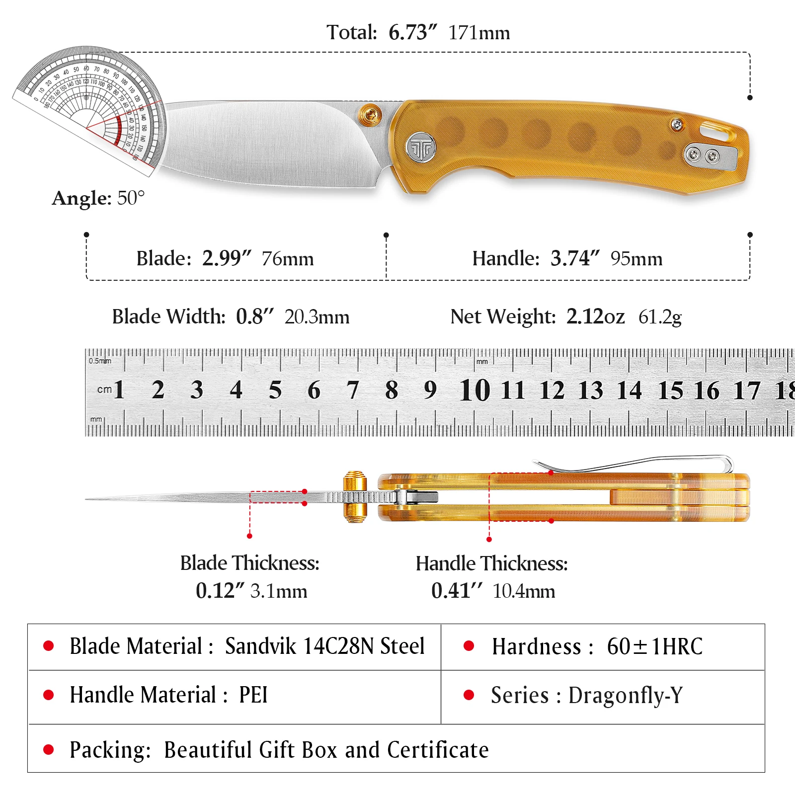 سكين جيب TRIVISA، Dragonfly-Y، سكين قابل للطي بشفرة 14C28N، سكاكين للتخييم والصيد والمشي لمسافات طويلة في الهواء الطلق، سكين للرجال