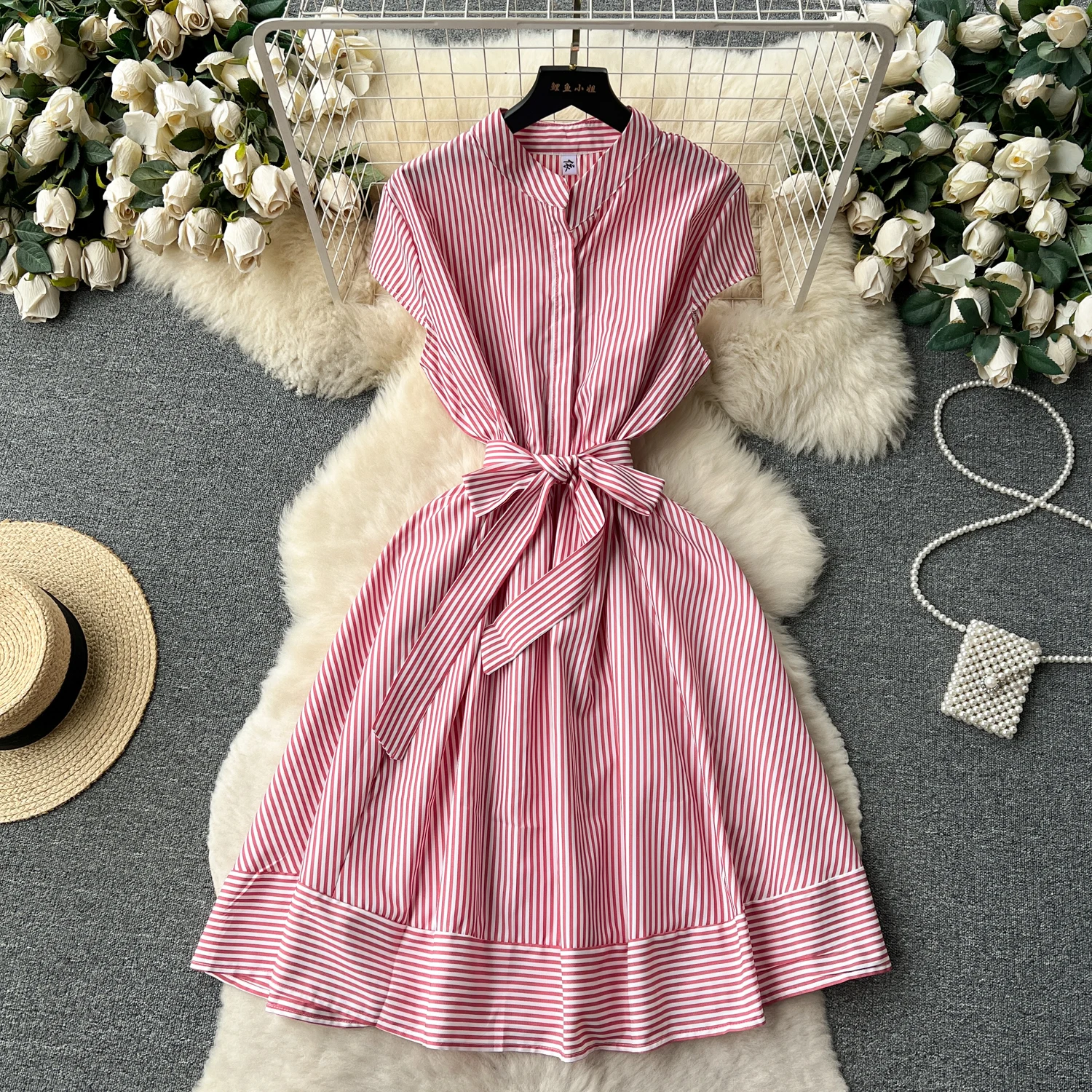 여성 스트라이프 셔츠 드레스 라운드 칼라 싱글 브레스티드 레이스업 타이트 허리 A라인 2025 여름 오피스룩 원피스