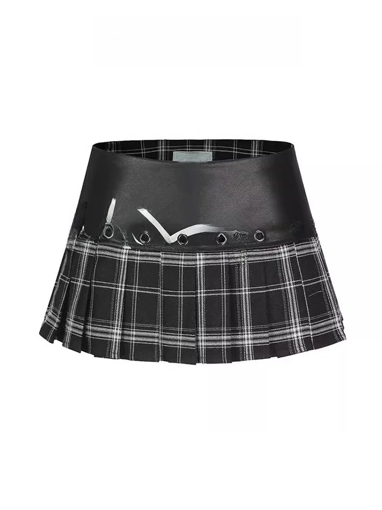 Gonna scozzese in pelle a vita bassa retrò Y2K Gonne a pieghe scozzesi ultra ort primavera estate da donna con pantaloni Se
