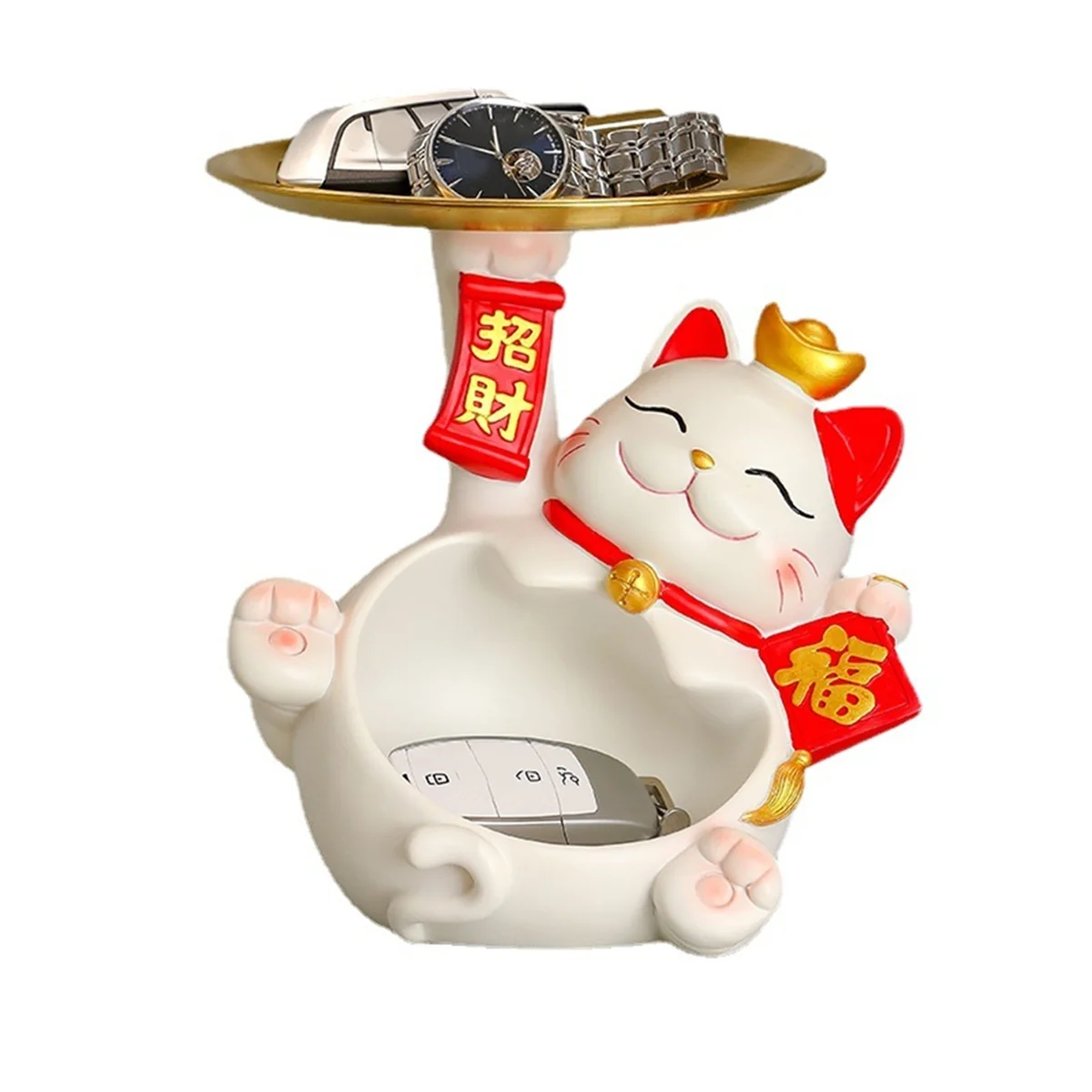 

Fortune Cat Statue, Creatives Cute Fortune Cat Tray, Resin Fortune Cat Statue with Dish, Fortune Cat Key Storage Tray A