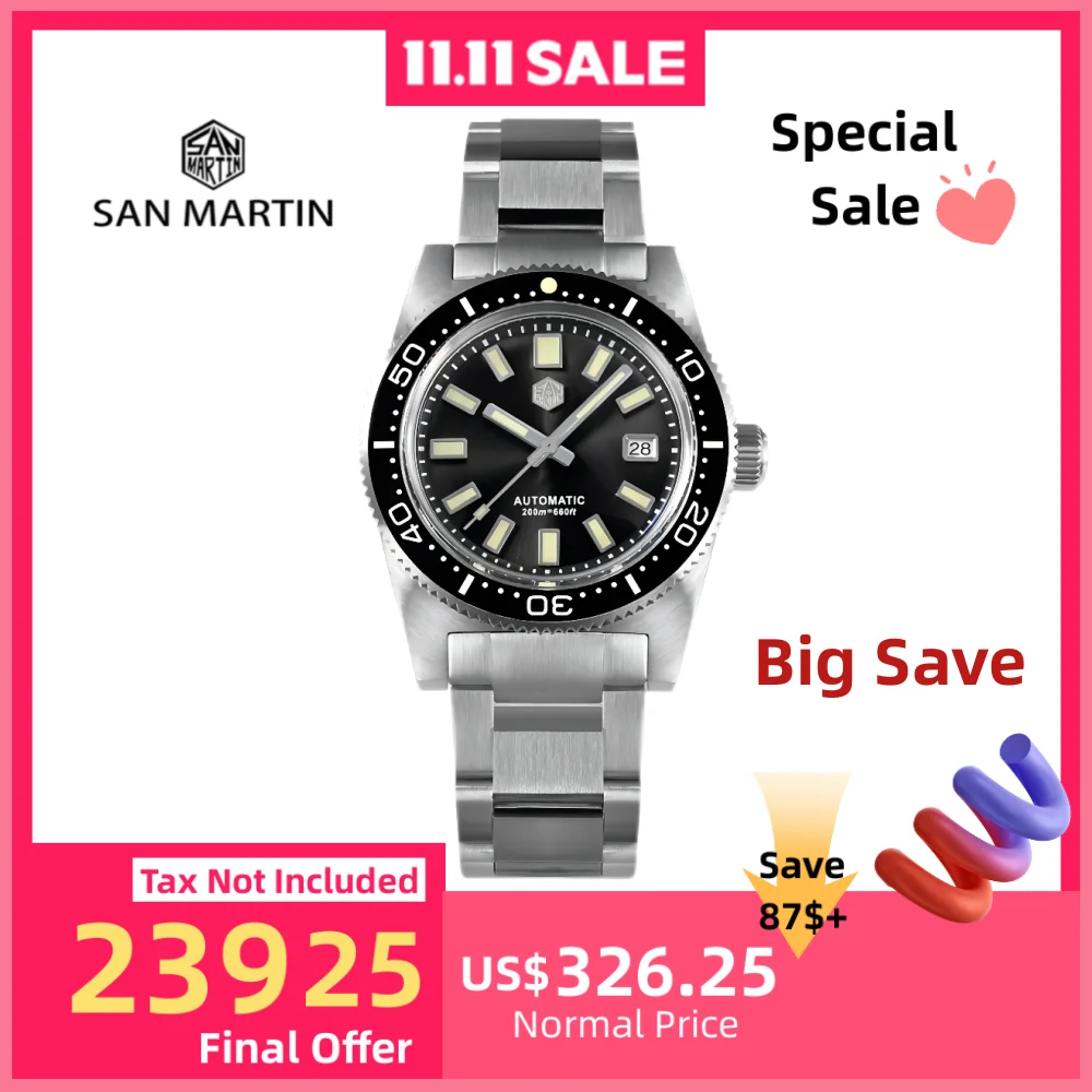 

San Martin 37mm 62Mas Diving Watch Automatic Mechanical Wristwatch PT5000 SW200 Sport 20Bar Sapphire Luxury Luminous SN0007X-0