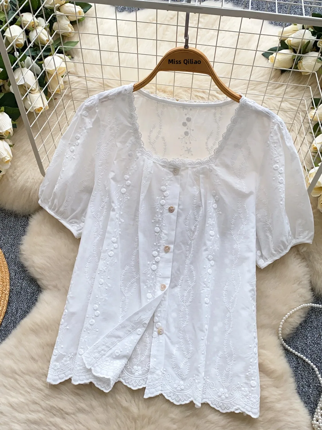 Casual Embroidered Bubble Sve irt Women's Summer Faion Age-Defng Square Collar Single Button Loose Fit Commute Sle