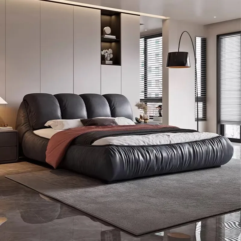 King Size Bed With Oversized Padded Backrest Cloth Art Twin Double Bed Modern Support Wooden Cama Matrimonial Bedroom Furniture