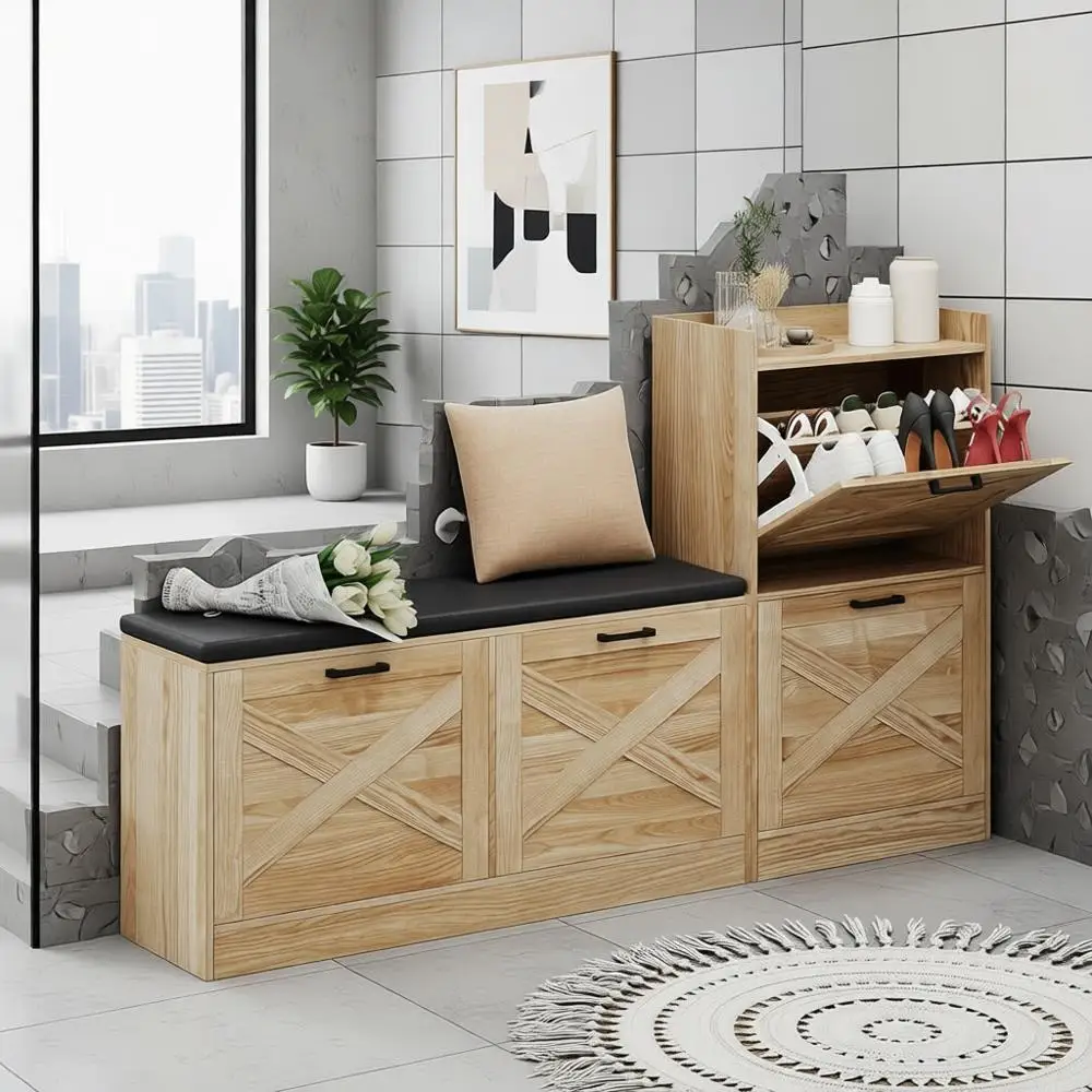 مقعد تخزين لخزانة الأحذية مع أدراج قابلة للطي للمدخل والبهو وغرفة المعيشة - لمسة نهائية طبيعية