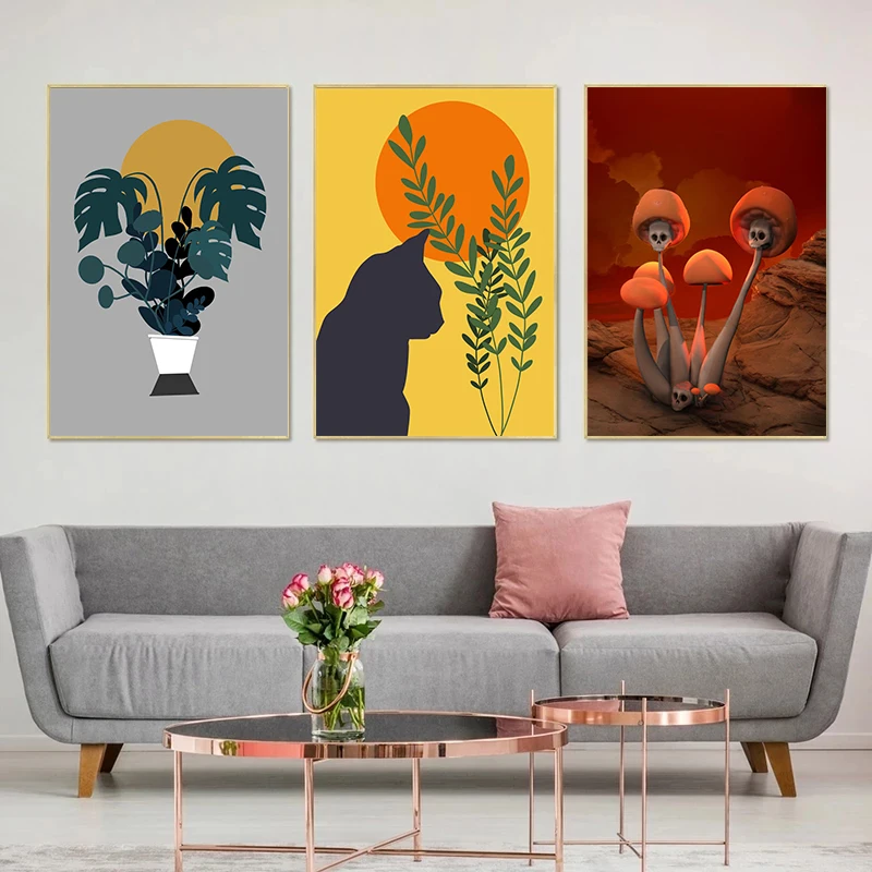 Botanical Posters Skull Mushrooms Feline Plants Canvas Painting Modern Art Print  Wall Picture Living Room Home Decoration