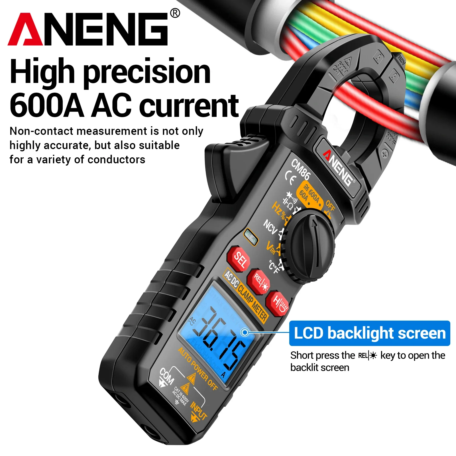 ANENG CM86 Clamp Multimeter 600A AC DC Voltage Current Tester LCD Backlight NCV Temperature Frequency Auto Off Electrician Tool
