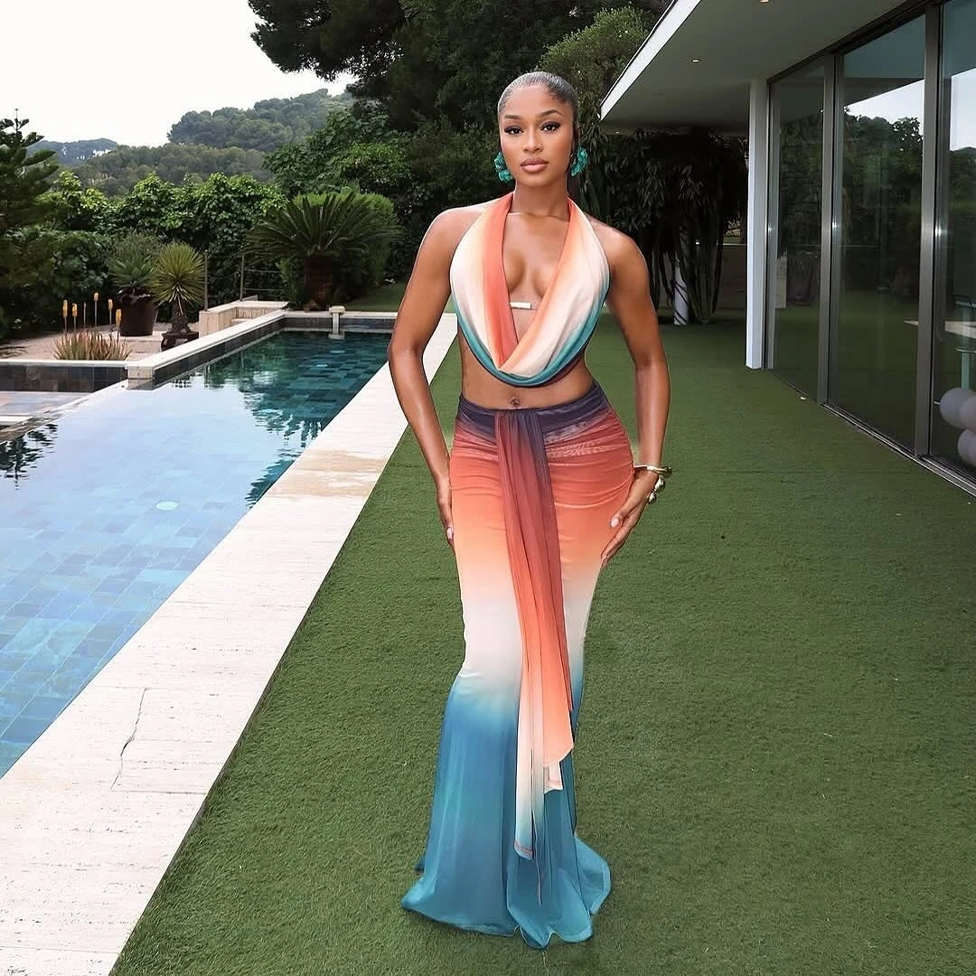 

Summer 2 Piece Dress Set Sexy 2025 Deep V Neck Cropped Top and Long Skirt Set Rainbow Women Holiday Beachwear