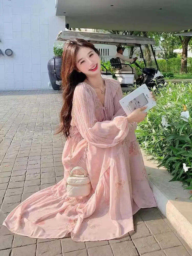 Fashion Flower Lace-up Bohe Party Dress Sexy Deep V-neck Lantern Long Sleeve Beach Dress Women Spring Elegant Swing Long Dresses