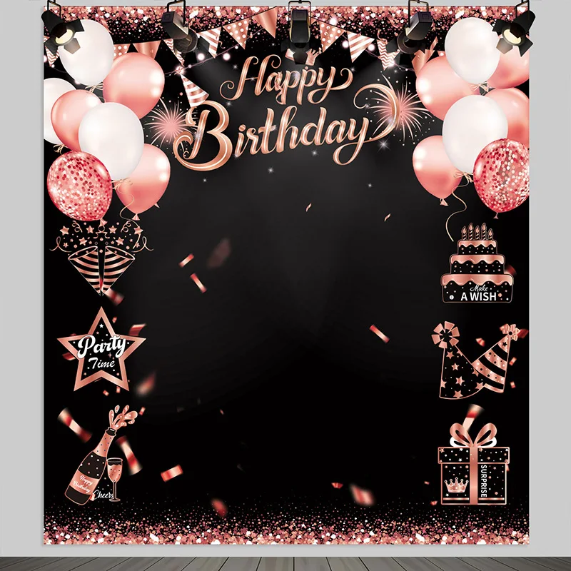 Black Gold Happy Birthday Backdrop Banner 30th 40th 50th 60th Birthday Photo Background Props