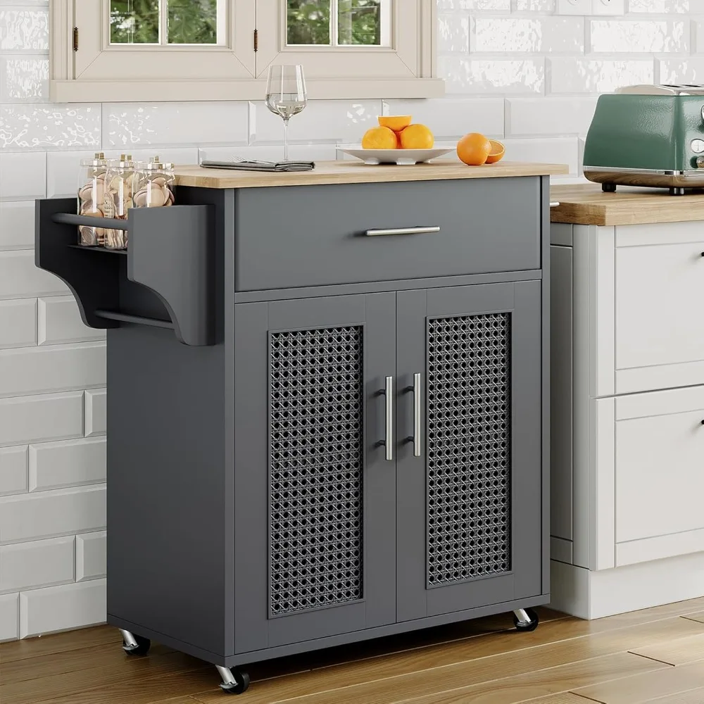 

Kitchen Island with Storage Space, 31 Inch Rolling Kitchen Island with Wheels, Rattan Storage Cabinet, Gray