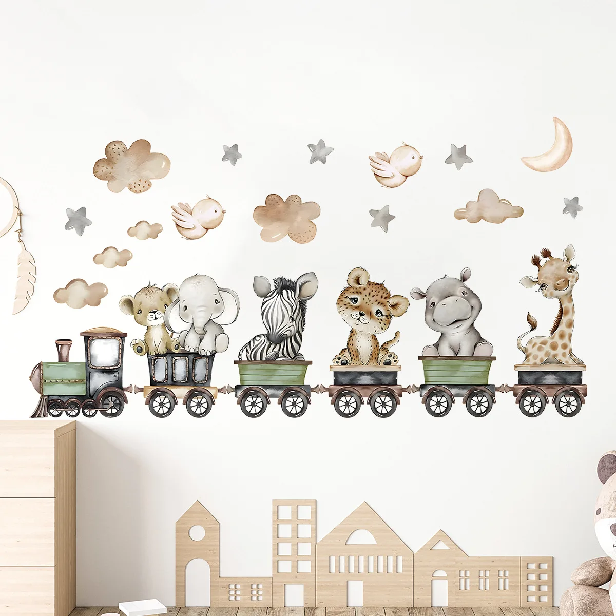 Safari Animals Train Wall Stickers for Kids Rooms Boys Girls Baby Room Decoration Nursery Wallpaper Elephant Giraffe Cloud Star