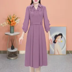 Women Korean Fashion Ruffles High Waist Belt Elegant Dresses Spring Autumn Office Lady Solid Long Sleeve Slim Pleated Midi Dress