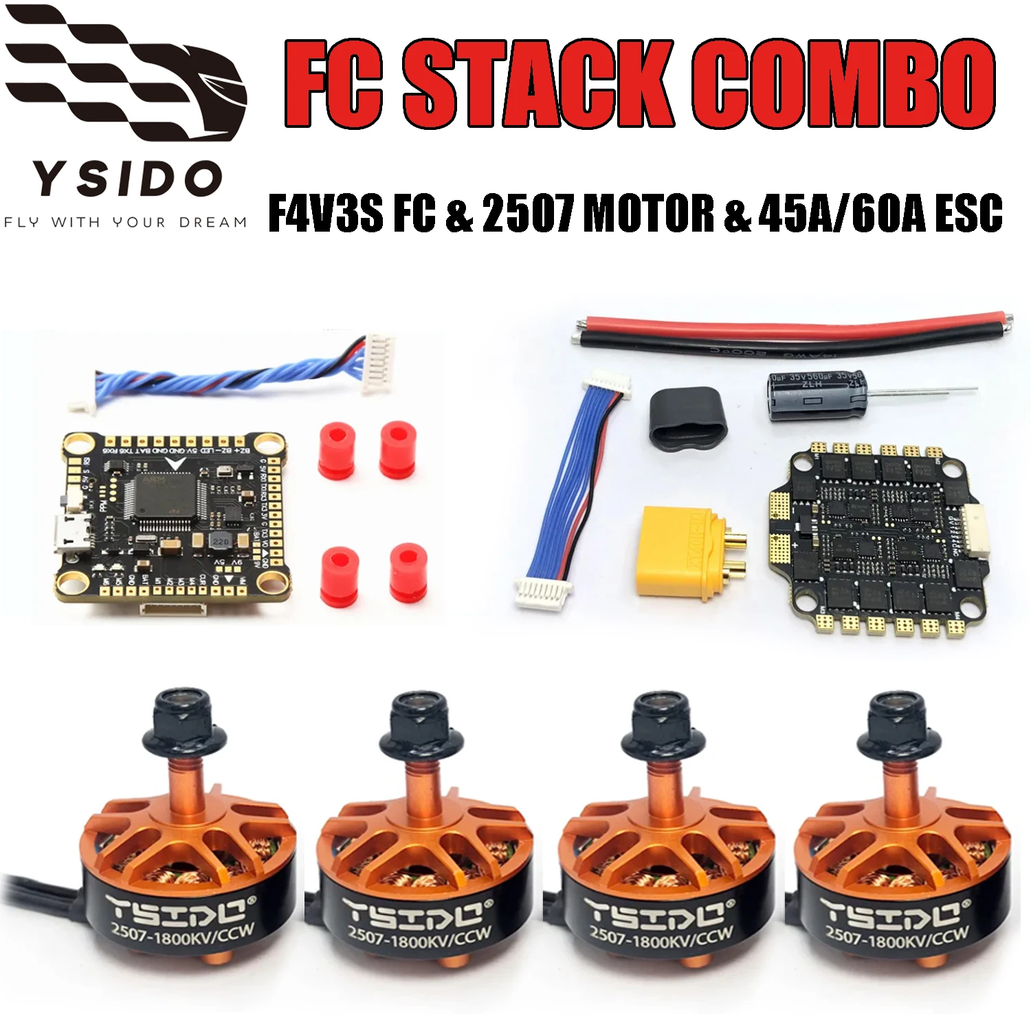 

YSIDO F4V3S FC Flight Controller 2507 Motor 45A 60A 4-IN-1 ESC Stack/Flytower Combo for RC FPV Racing Drone Multirotor Quadcopte