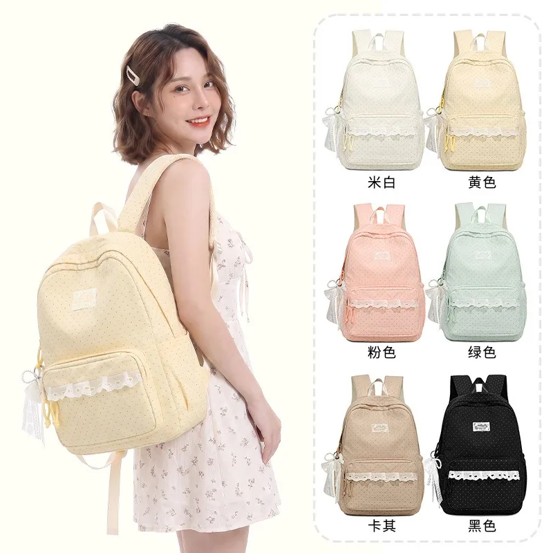Korean Dot Kawaii Nylon Backpack Teen Girls Students School Bags Exquisite Lace Sweet Cute Daypack Outings Waterproof Rucksack