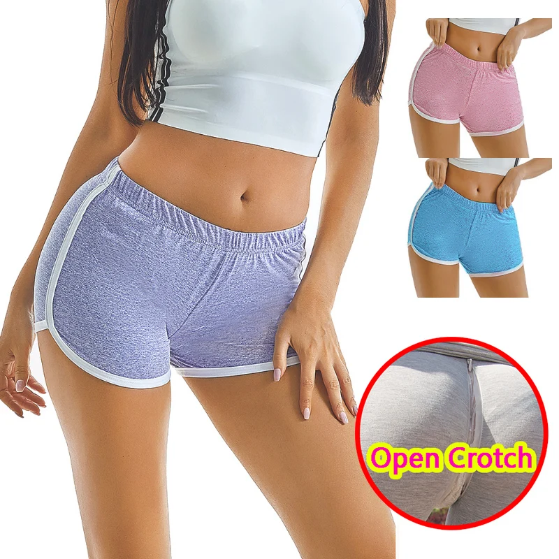 Frau Sexy Öffnen Gabelung Sport Shorts Versteckte Zipper Fashion Atmungsaktiv Fitness Mini-Hose Sex Spiel Elastische Taille Club Booty Kostüm