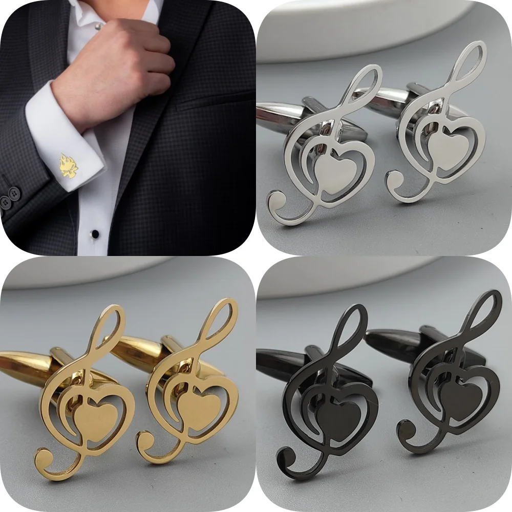 Gemelos chapados en oro de 18 quilates de acero inoxidable con símbolo musical de amor Punk, botones plateados para camisa francesa, accesorios de boda para traje