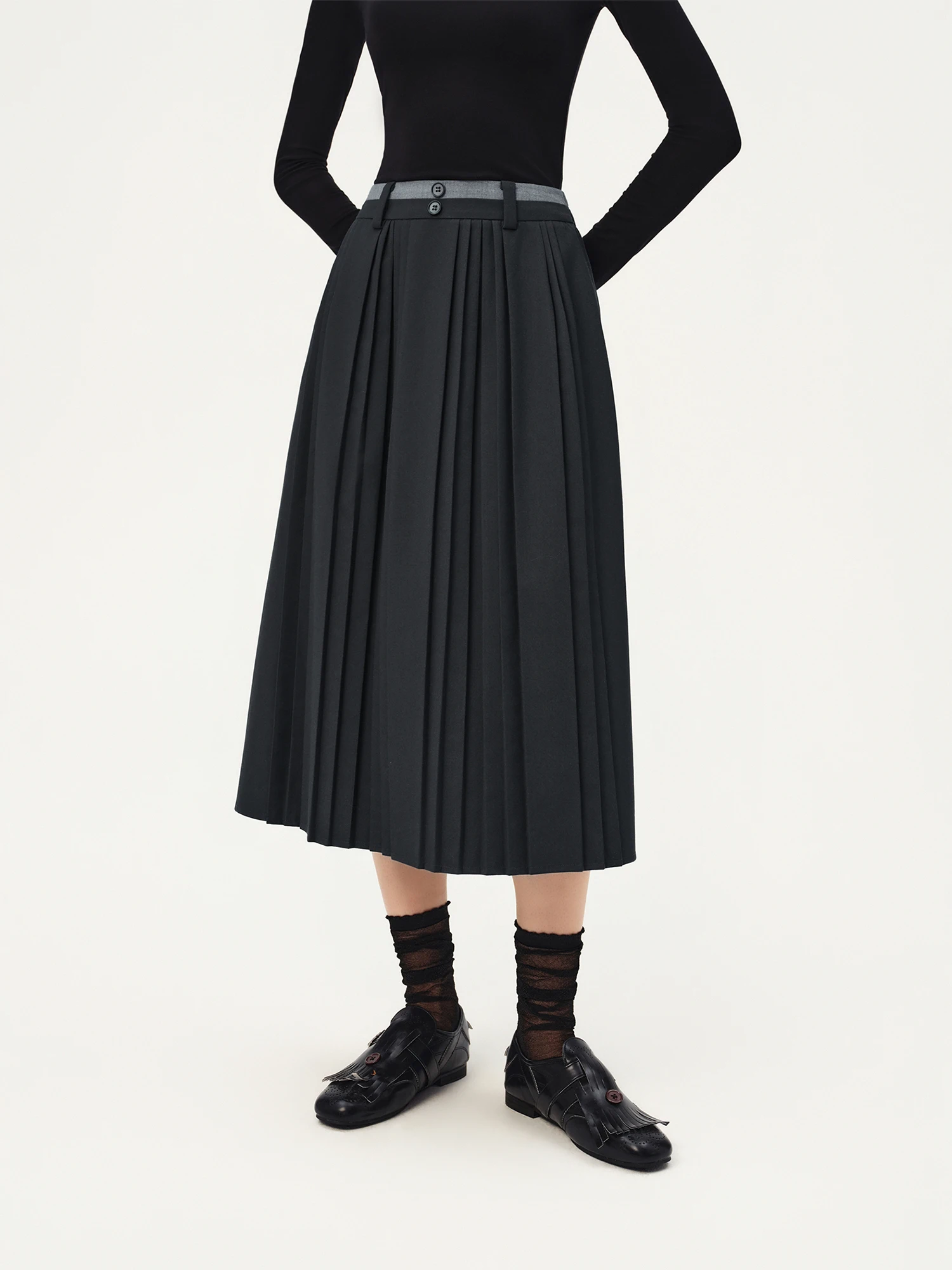 ZIQIAO 2026 Autumn Women's Preppy Double Waistband Pleated A-Line Midi Skirt - Chic Classic Versatile for Everyday Wear