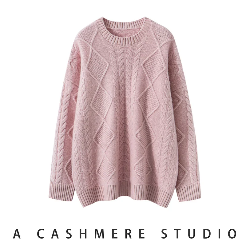 

Women's Stylish Solid Color Versatile 100% Cashmere Thickened Cable Knit Mid-Length Crew Neck Pullover Autumn Winter Sweater