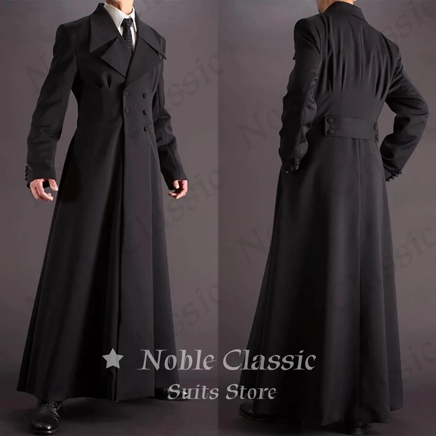 Formal Overcoat Double Breasted Slim Fitted Black Men Big Peak Lapel Back Waist Strap Floor Length Wedding Evening Customized