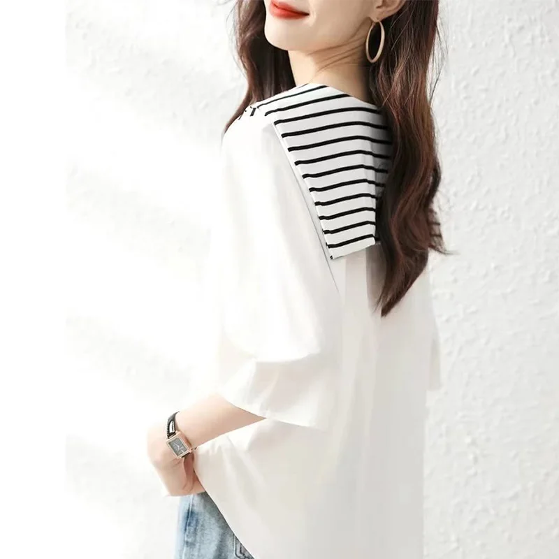 2024  New Summer Office Lady Sweat Loose Casual Korean Style Women's Shirt Striped Knitting V Neck Short Sleeve Chic Y2K Tops