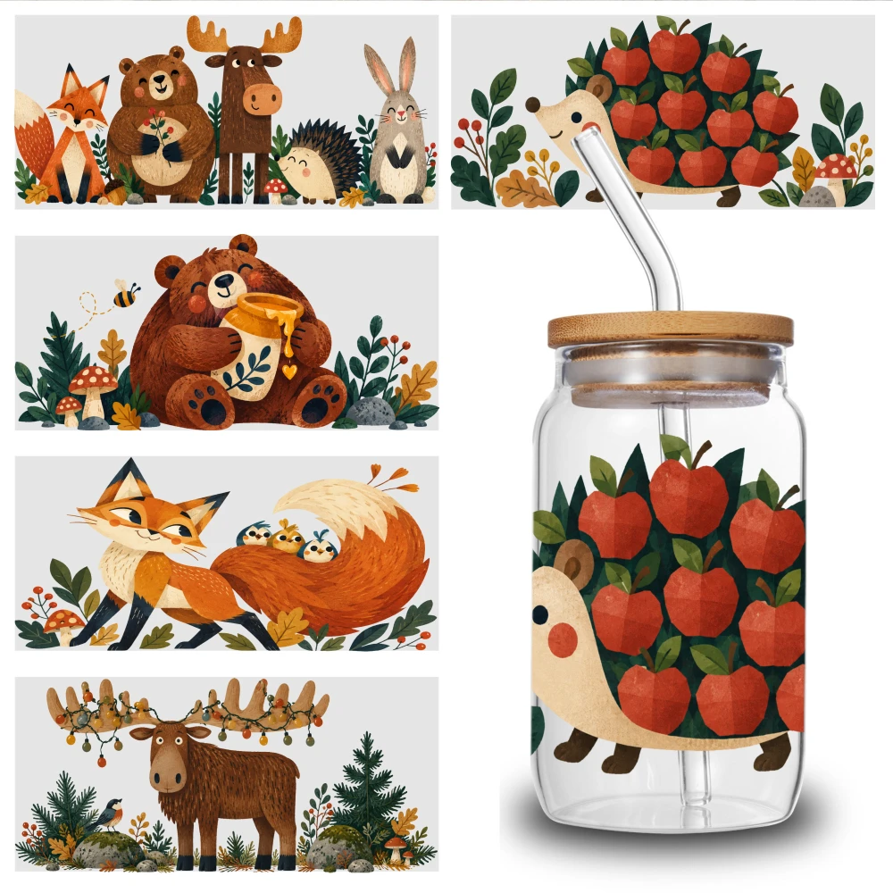 5 Sheets Hedgehog Apple Pattern UV DTF Stickers Plastic Waterproof Rub on Transfers for 16 oz Glass