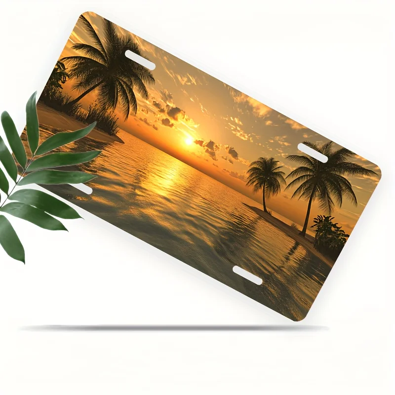 1 plaque d'immatriculation 2D plate, motif coucher de soleil sur la plage, palmiers tropicaux et océan, idéale pour voitures, camions, VUS, décoration côtière, cadeau