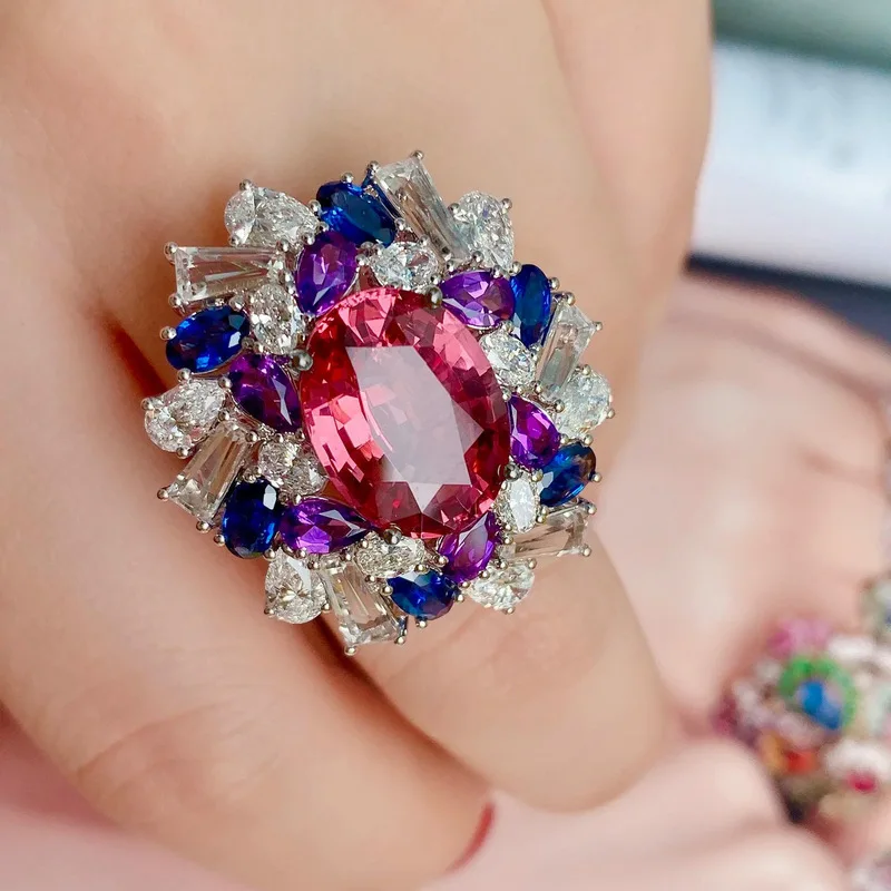 S925 Pure Silver Colored Gemstone Ins High-End Delicate Ring for Women with an Opening. Finger Ring with Colored Gemstones.