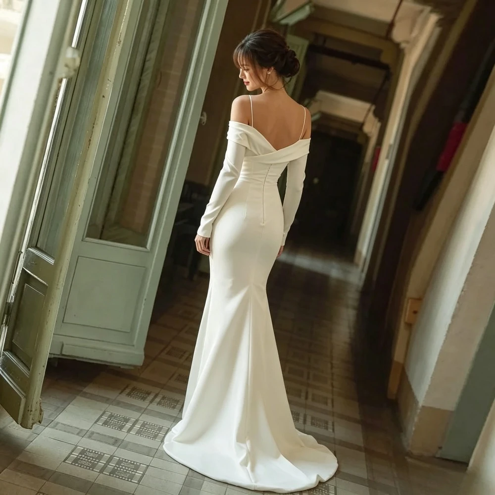 Customized Minimalist Off Shoulder Satin Mermaid Wedding Dresses Long Sleeves Straightening Strap Back Fold Bridal Gown Robe