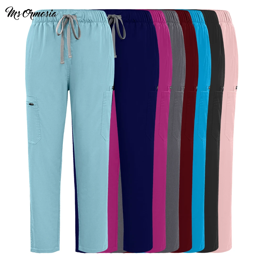 고급 신축성 허리밴드 병원 바지 간호사 스크럽 바지 애완동물 미용 작업 바지 드로스트링 스트레이트 레그 치과 수술 바지