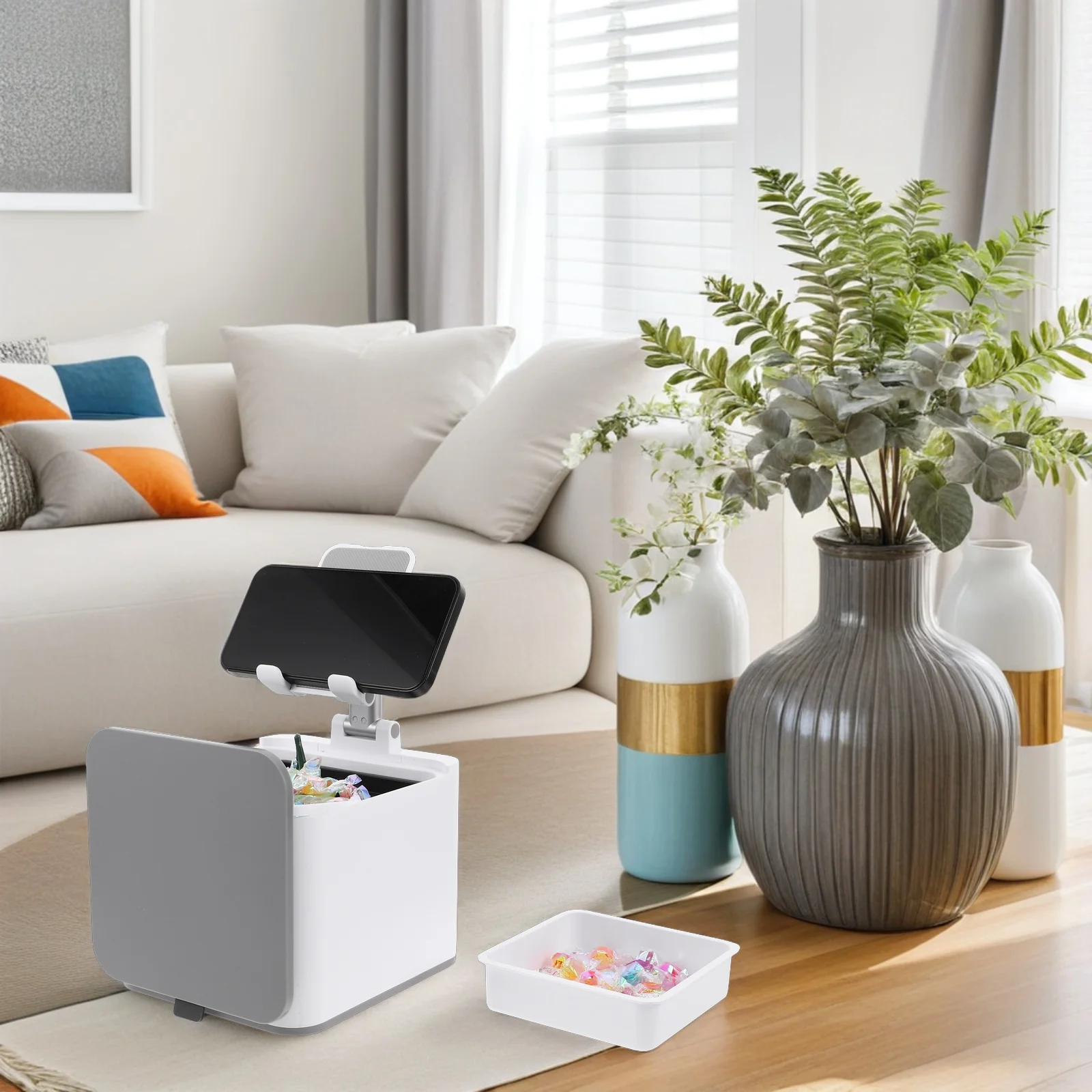 

Trash Can Mobile Phone Holder Cute Wastebaskets Decorative Bin Desk Bedside Desktop