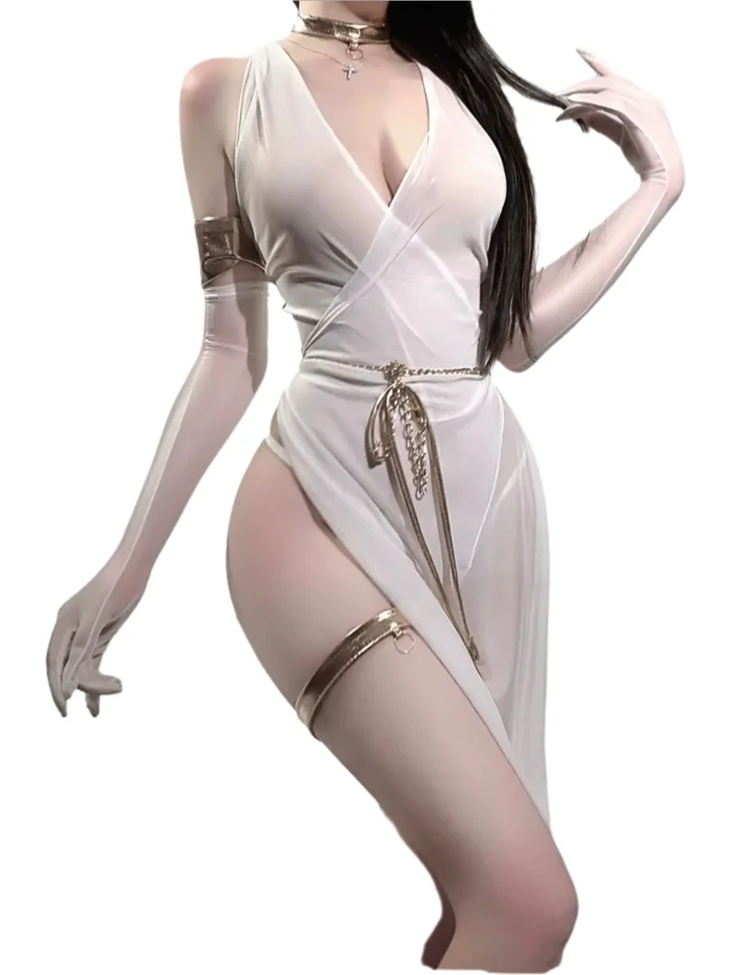 V Neck Long Dress Tank Sweet Sexy Stimulation Hot Teasing Battle Clothes Ancient Style Uniform Girl Dress Elegant 2024 New A865