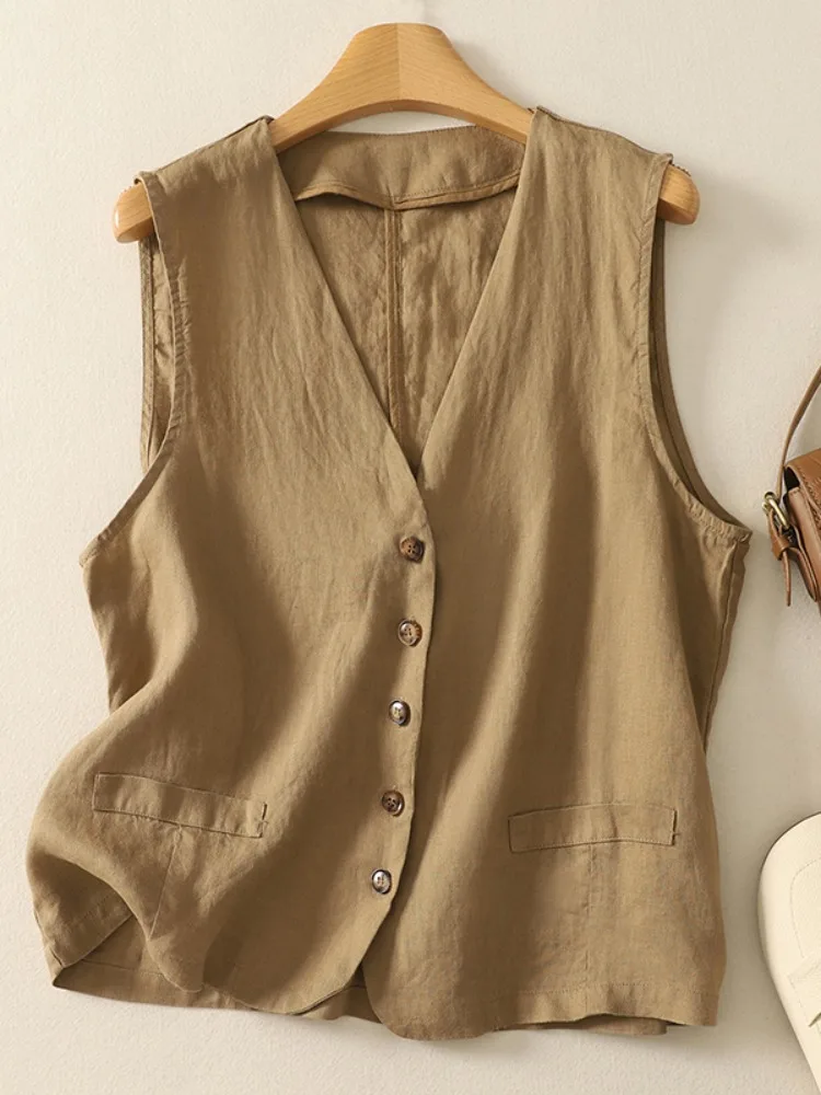 

Casual Sle Pure Color Linen V-Ne Women's Vest Summer Thin Cotton Linen Svel Top Button Design Regular Length