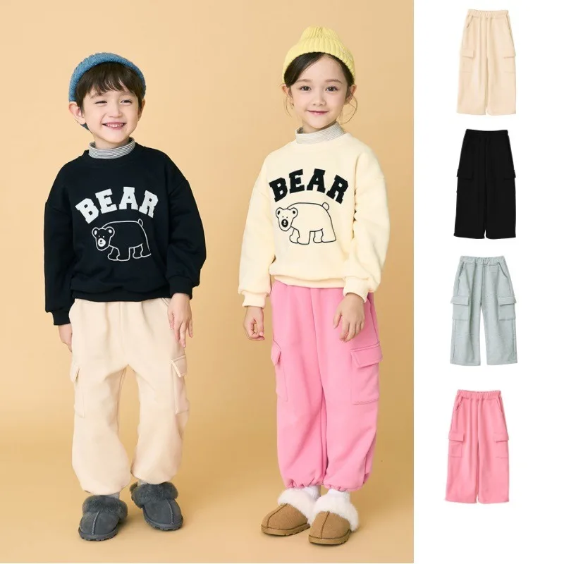 Children's Health Pants 2024 Winter New Style Square Pocket Solid Color Casual Pants with Velvet Warmth and Elastic Foot Pants