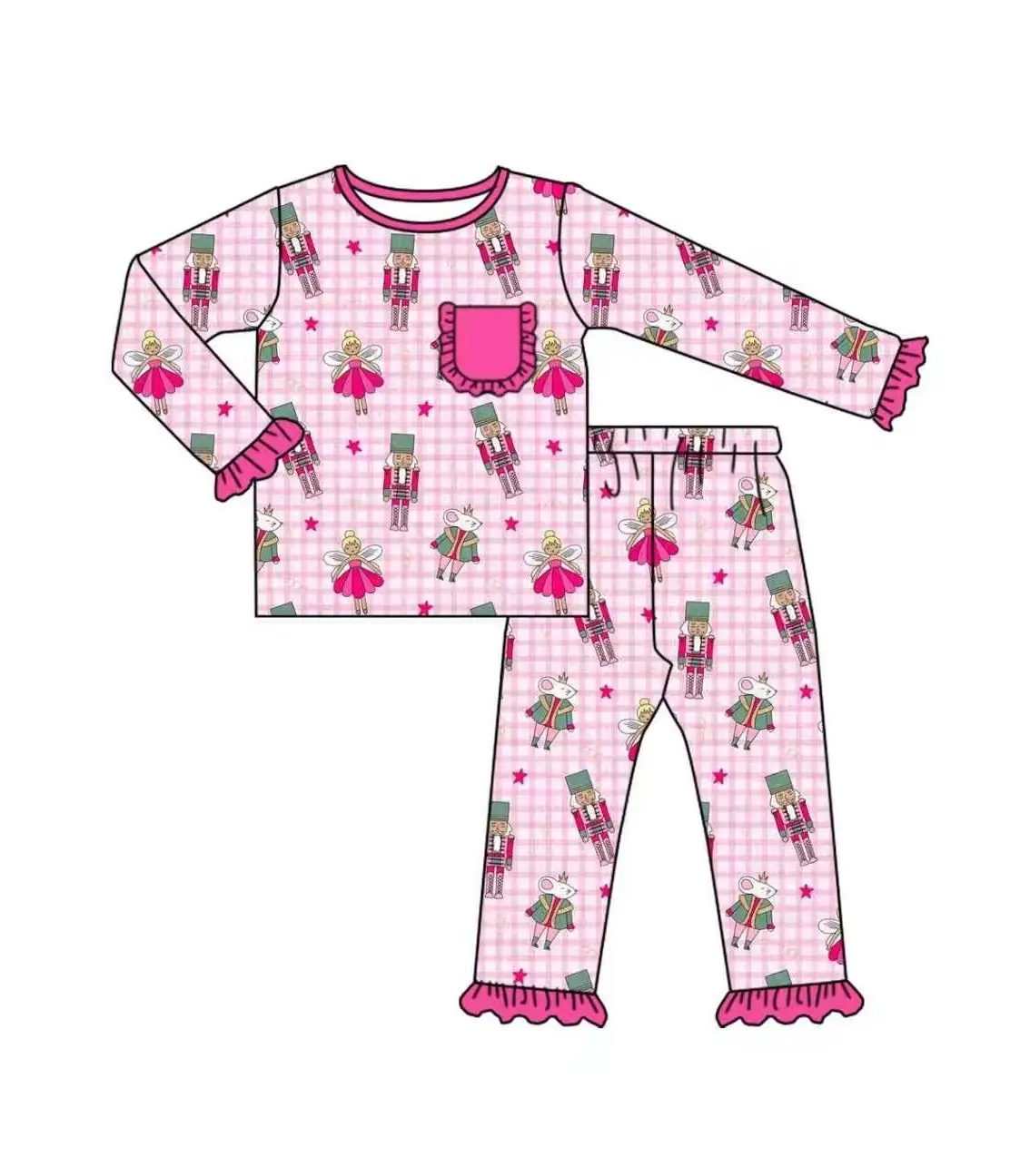Boutique Children Christmas Pajamas Outfits Ruffles Baby Romper Girls Pink Gingham Nutcracker Ballet Pajamas Sets
