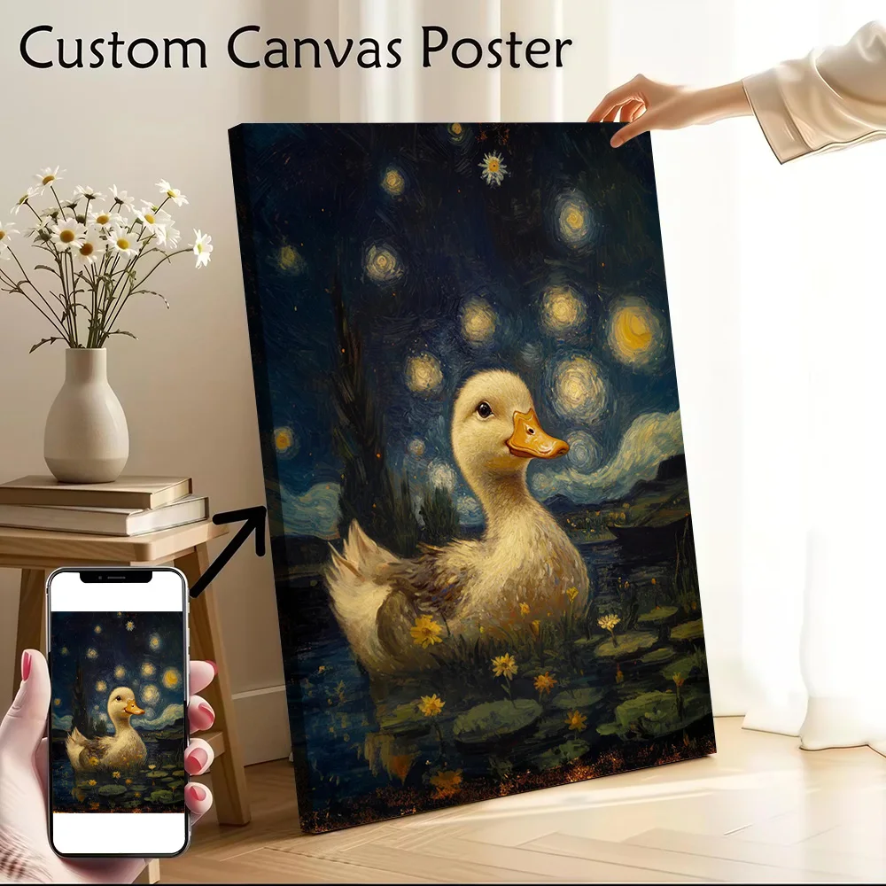Duck in Starry Night Printed Canvas Poster Custom Pictures Wall Art Canvas Painting for Room Decorating Interior Decoration Arts
