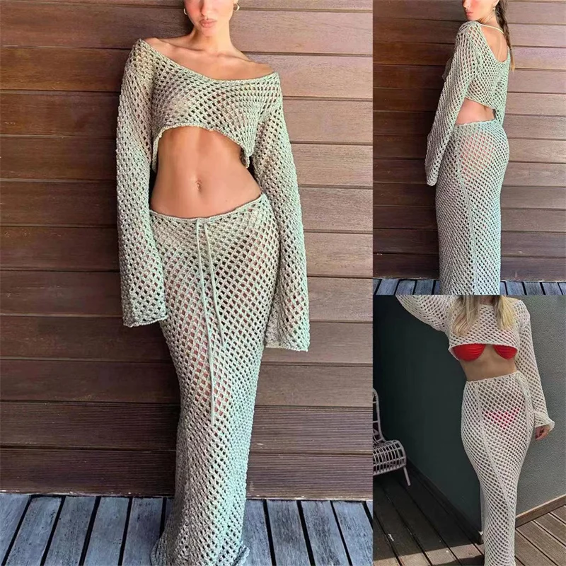 Robe tricotée pour la plage, 2 pièces, Sexy, manches longues, décolleté en V profond, dos nu, haut court ajouré et jupes, Cover-up pour bikini au Crochet