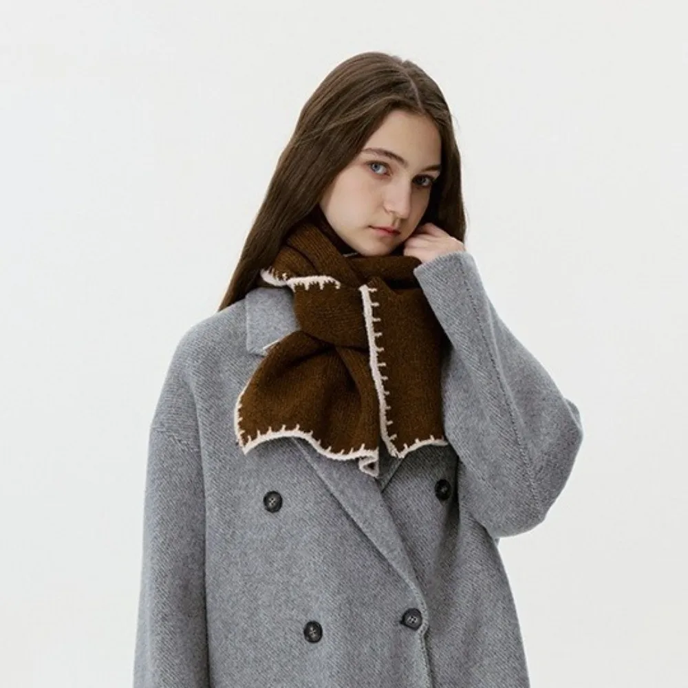 Simple Thicken Winter Scarf Wool Large Knitted Scarfs Neck Wrap Color Contrast Neckerchief Lady
