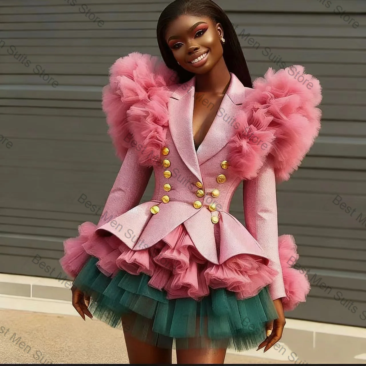 

Pink Green Women Suit Set 2 Pcs Blazer Prom Dress Short Mini Skirt Formal Office Jacket Customized Wedding Tuxedo Guest Coat