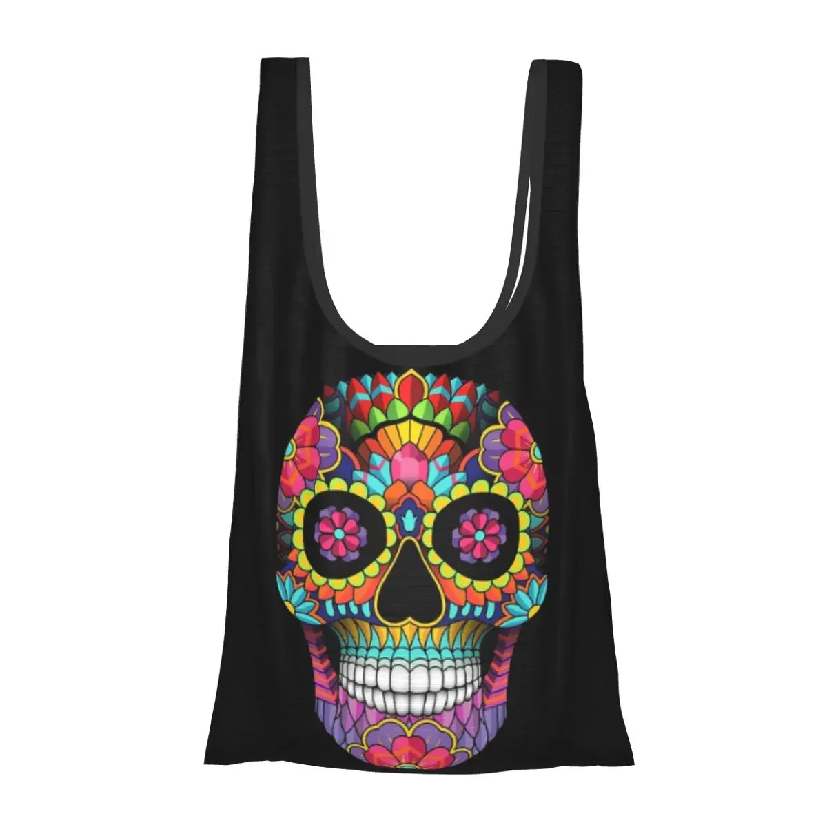 Sugar Skull Full Colors Portable Tote Shopping Bags Foldable Shopper Bag Grocery Handbag Shoulder Bag