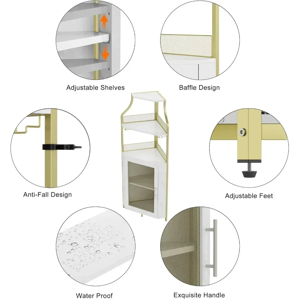 Armoire d'angle T1 pour bar à vin avec poignées amovibles, armoire de bar avec porte-verre, petit buffet et armoire de planche avec porte en maille